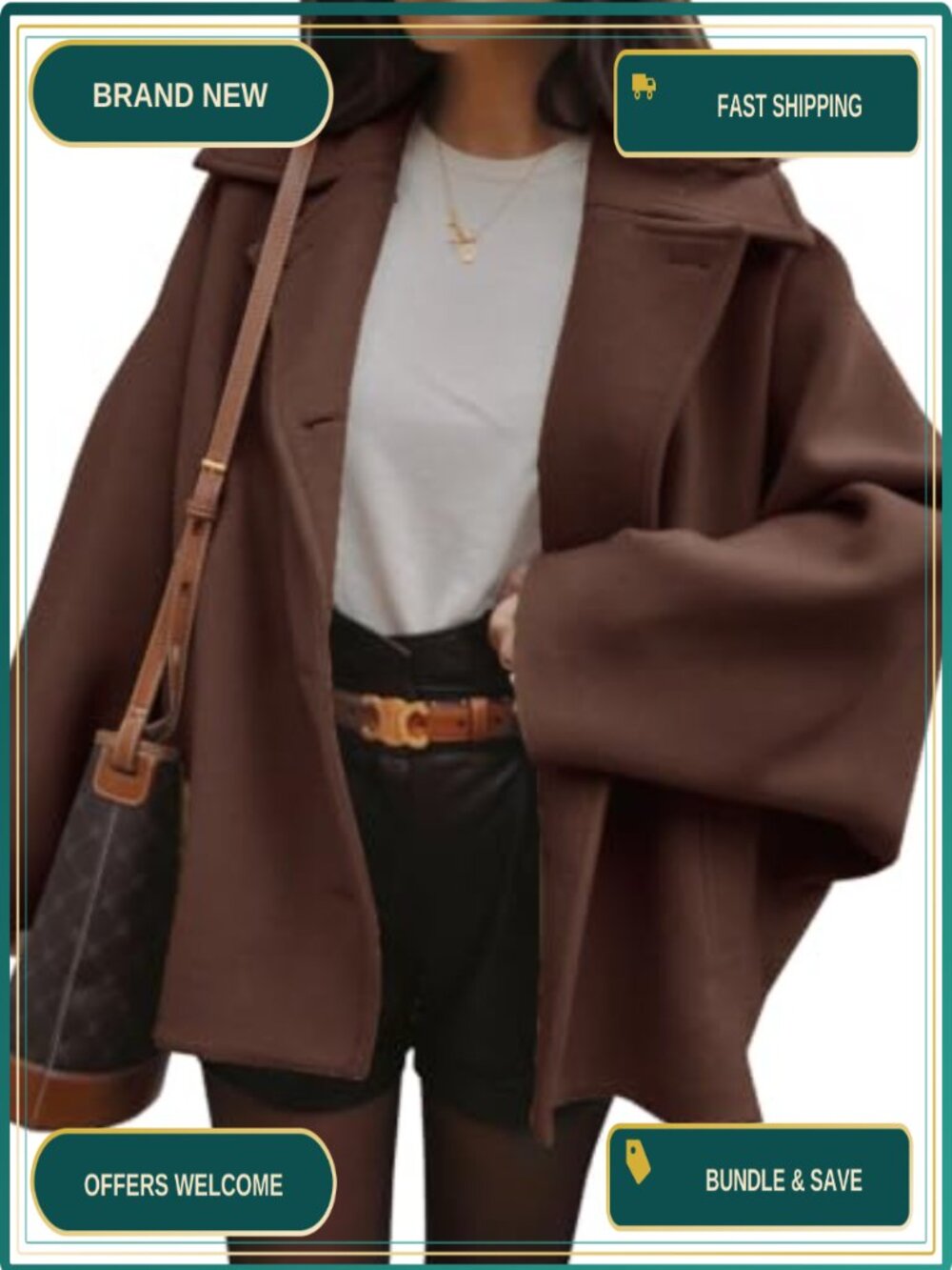 Tankaneo Womens Pea Coat Polyester Notch Lapel Button Front Oversized